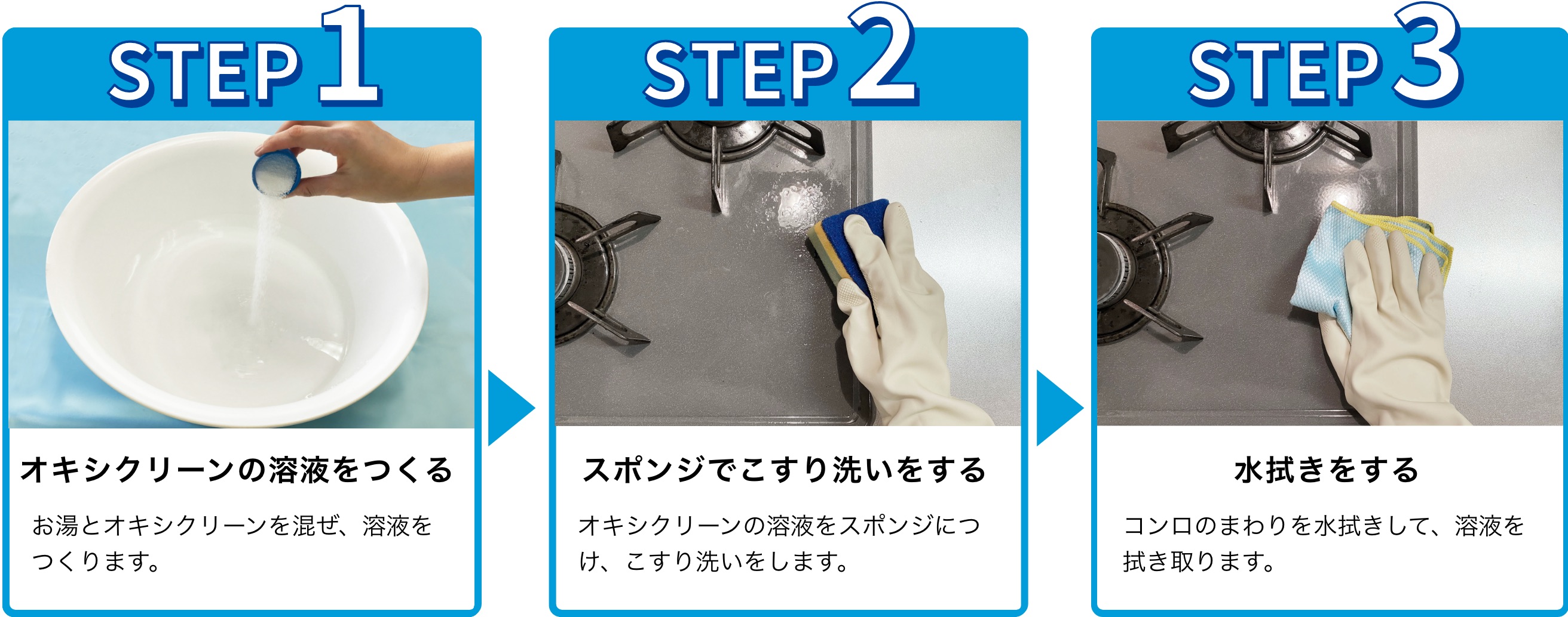 使用手順：1.オキシクリーン溶液をつくる。お湯とオキシクリーンを混ぜ、溶液をつくります。 2.スポンジでこすり洗いをする。オキシクリーンの溶液をスポンジにつけ、こすり洗いをします。3.水拭きをする。コンロのまわりを水拭きして、溶液を拭き取ります。