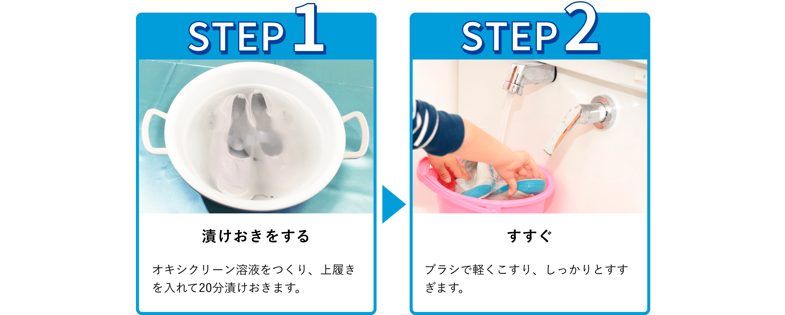 使用手順：1.漬けおきをする。オキシクリーン溶液をつくり、上履きを入れて20分程漬けおきする。2.ブラシでこする。ブラシでこすり洗いをする。3.すすぐ。しっかり水ですすぎます。