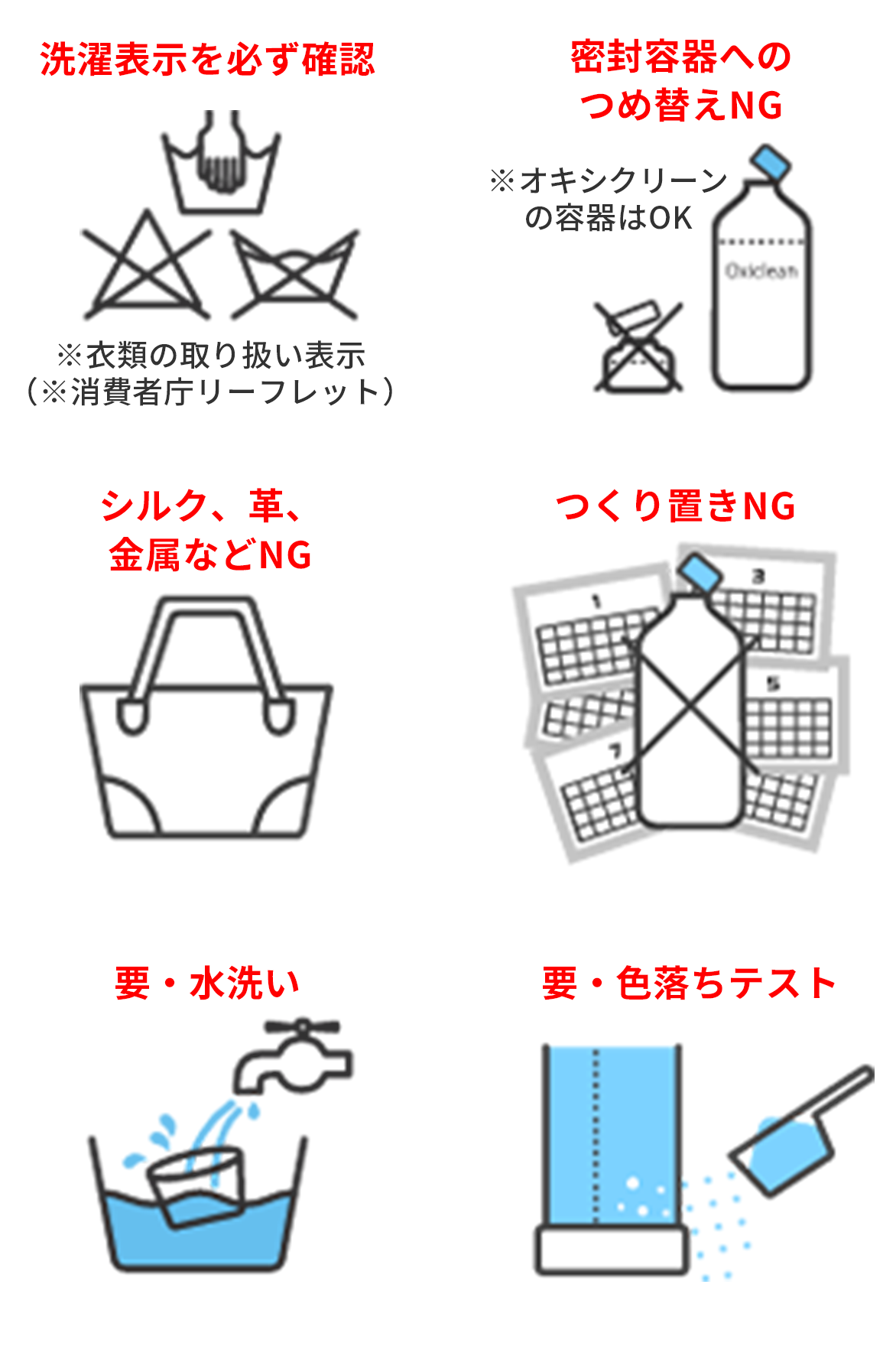 洗濯表示を必ず確認・密閉容器へのつめ替えNG・シルク、革、金属などNG・つくり置きNG・要・水洗い・要・色落ちテスト